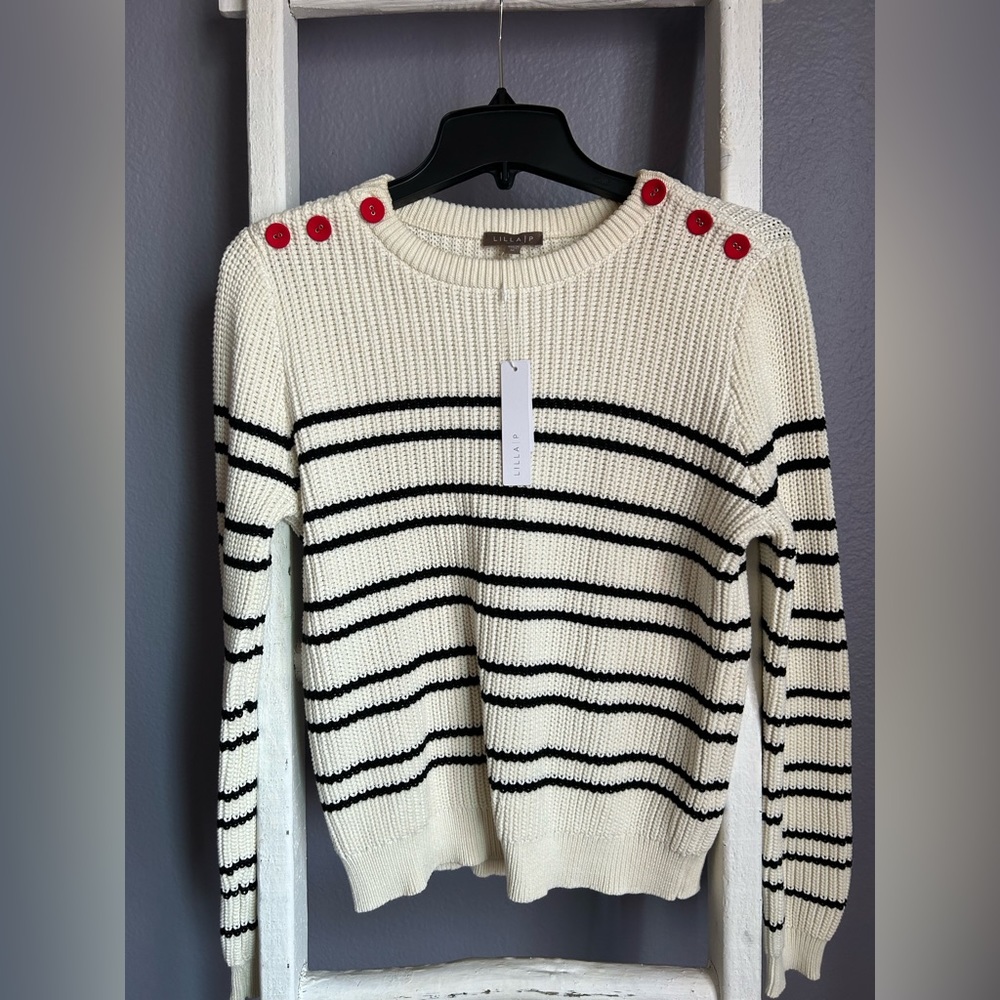 Striped sweater with button trim by Lilla P.